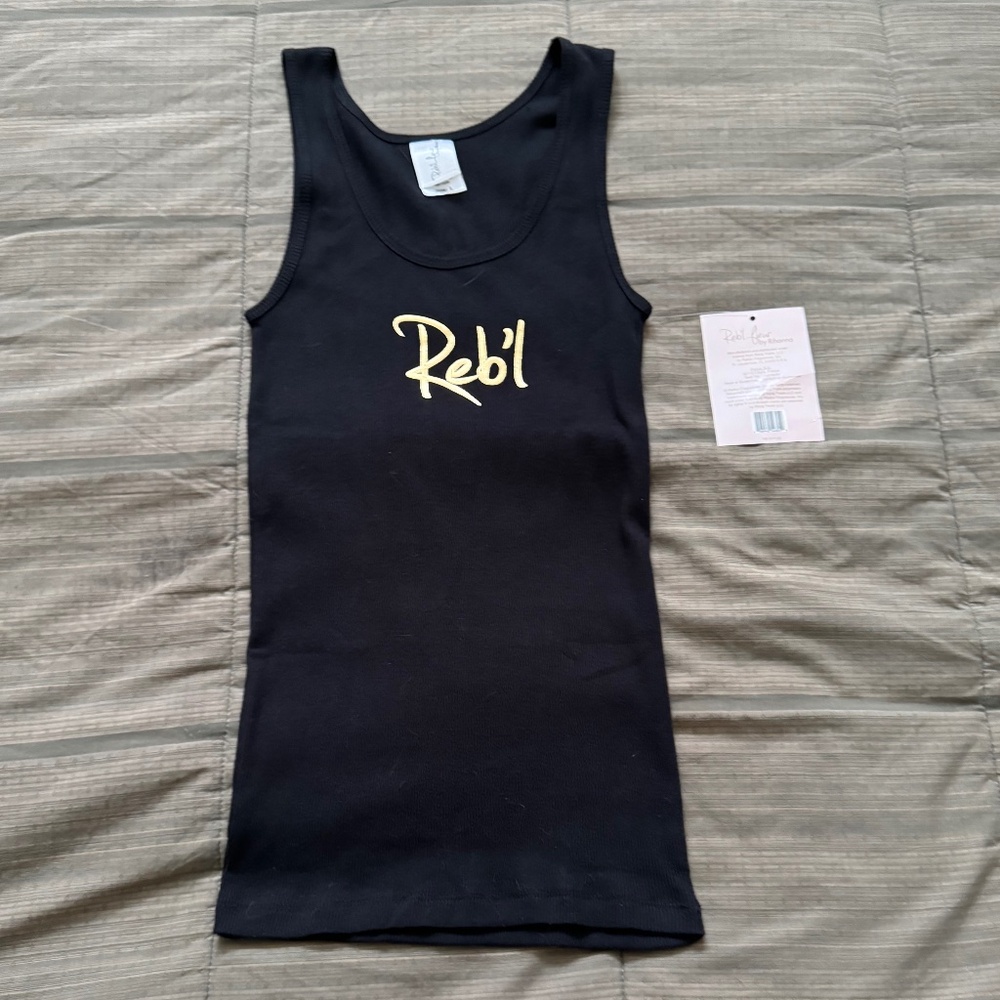 RIHANNA REB'L FLEUR BLACK AND GOLD TANK TOP
